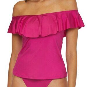 Trina Turk Monaco Ruffled Off the Shoulder Tankini Swim Top Womens 8 Sangria NWT